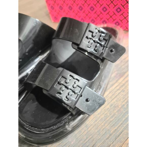 TORY BURCH $228 BLACK BUCKLE JELLY SLIDE SANDAL Shoes Sz 9 Summer Beach pool - Picture 2 of 16